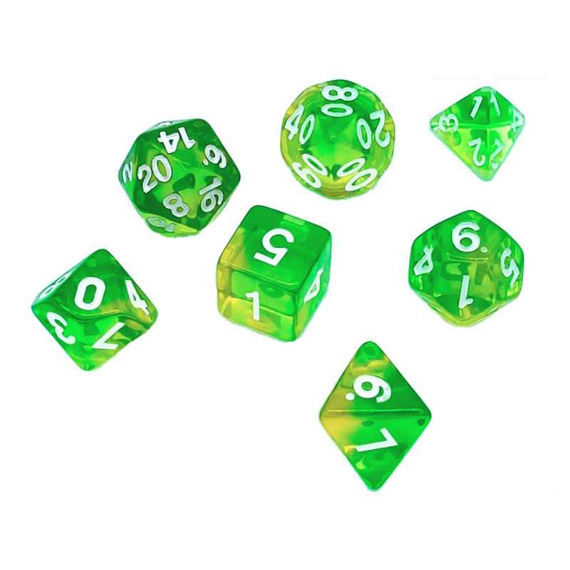 SET DE 7 DADOS MIX – VERDE/AMARILLO TRANSPARENTE